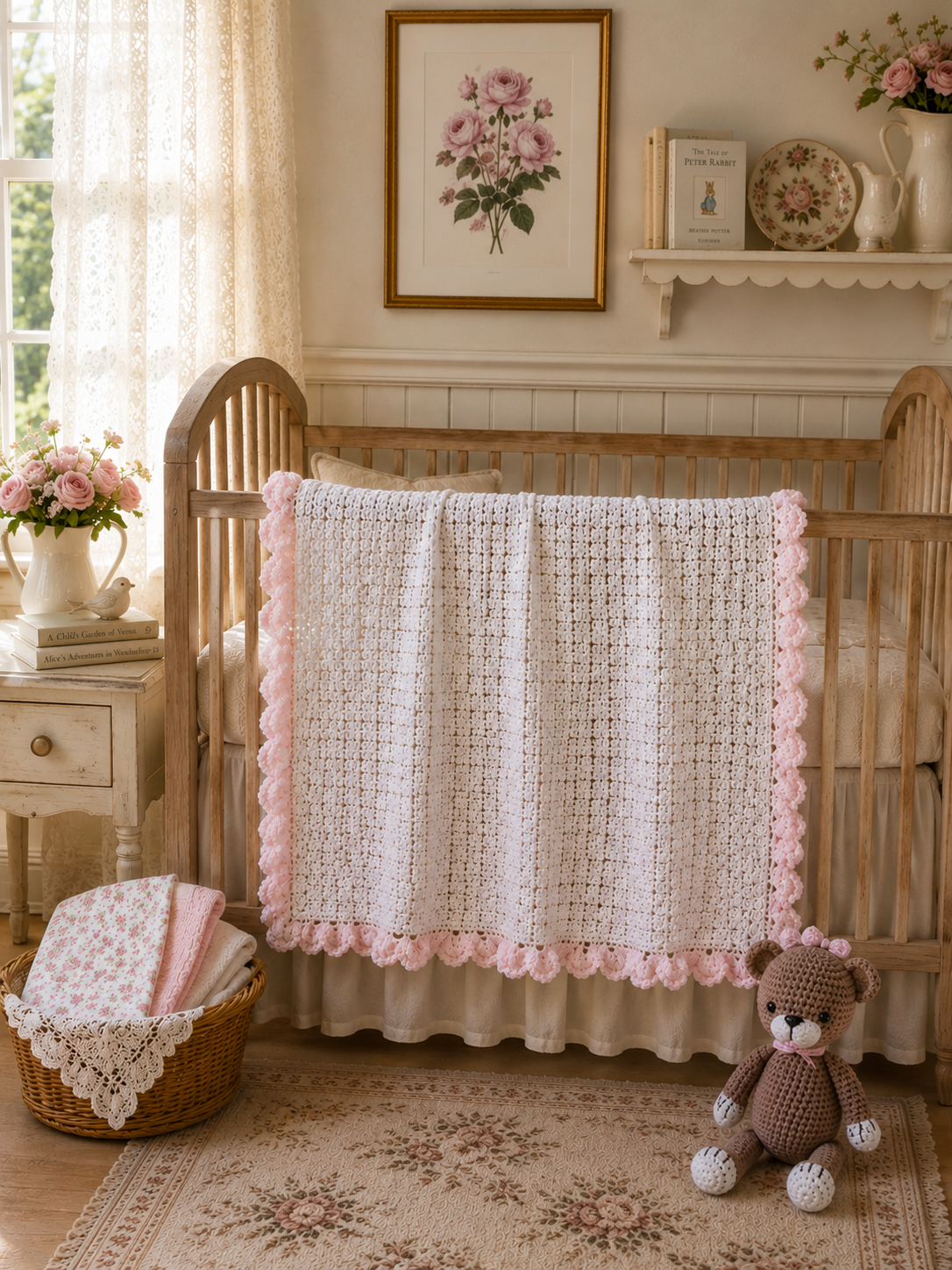 English Cottage Heirloom Baby Blanket Set with Crochet Cat Plush & Receiving Blankets
