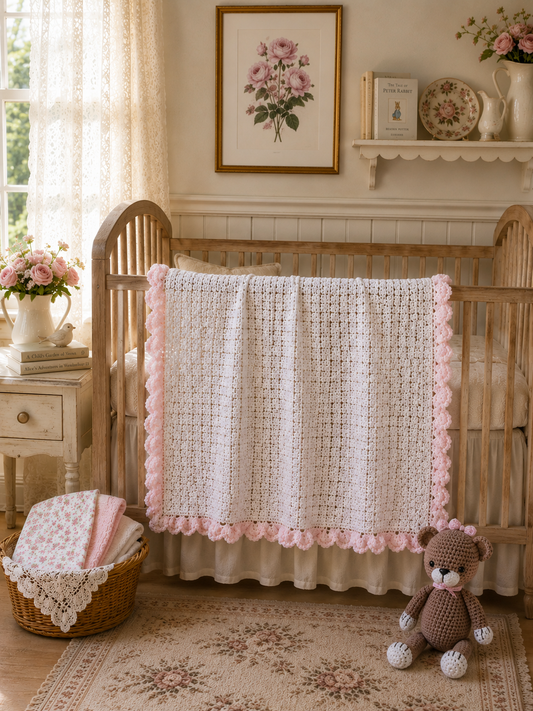 English Cottage Heirloom Baby Blanket Set with Crochet Cat Plush & Receiving Blankets