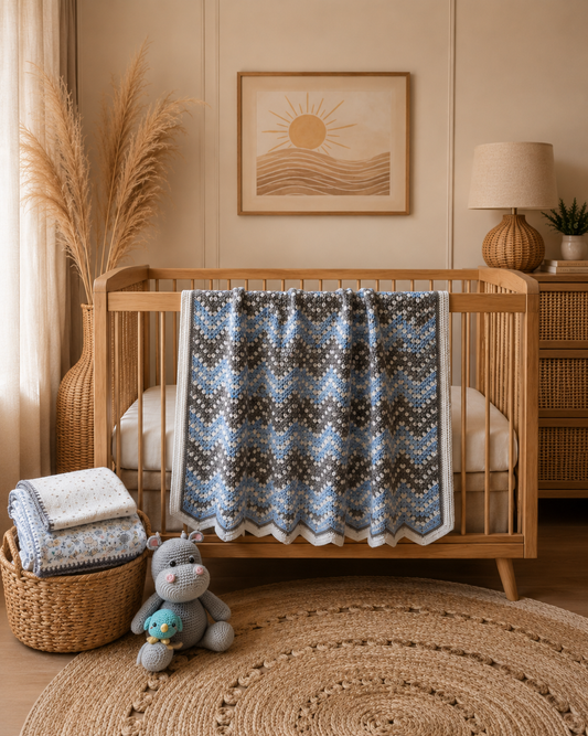 Boho Nursery Set | Heirloom Crochet Baby Blanket, Receiving Blankets & Plush Hippo
