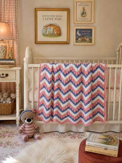 Handcrafted Pink, Blue & White Striped Heirloom Baby Blanket