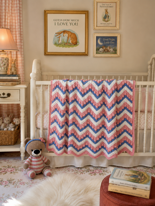 Handcrafted Pink, Blue & White Striped Heirloom Baby Blanket
