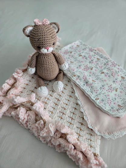 English Cottage Heirloom Baby Blanket Set with Crochet Cat Plush & Receiving Blankets
