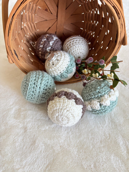 Woodland Calm Crochet Christmas Ornament Set – Set of 6 in Sage, Bark, and Cream