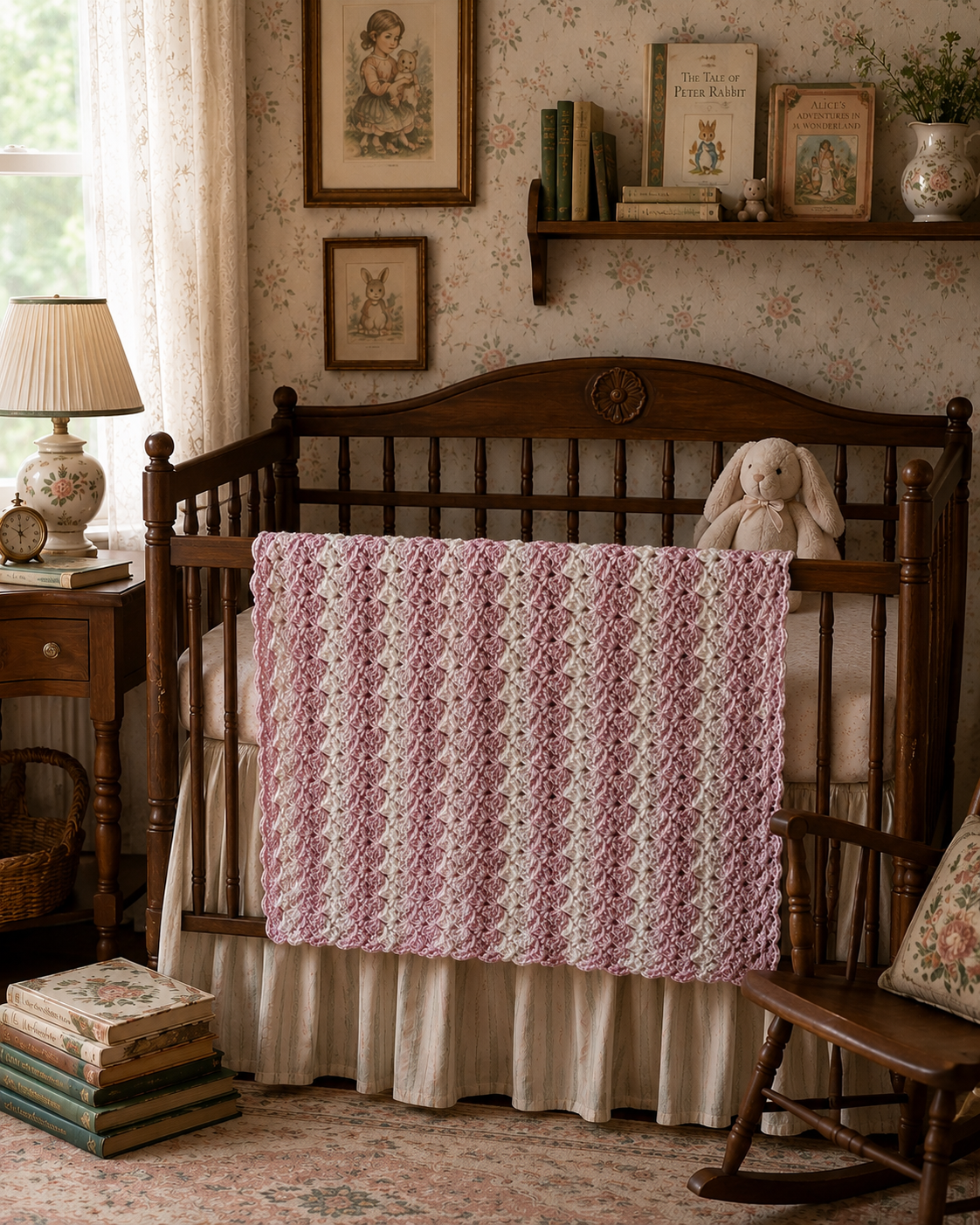 Vintage Heirloom Nursery Snuggler | Blush Pink & Cream Crochet Keepsake Blanket