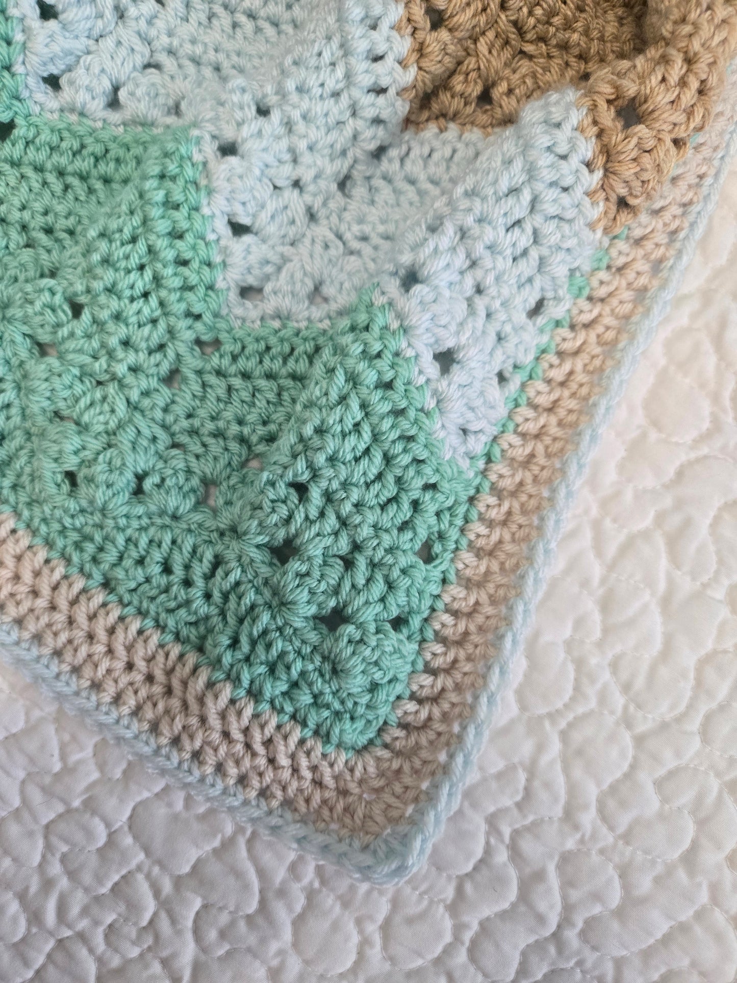 Handmade Crochet Blanket – Green, Blue & Tan Stripes