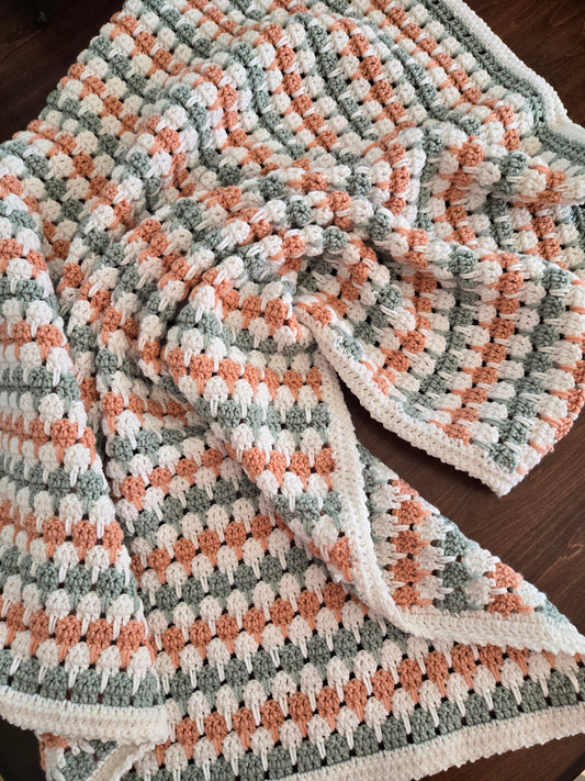 Dreamy Soft Heirloom Crochet Baby Blanket – Green, Peach & Cream