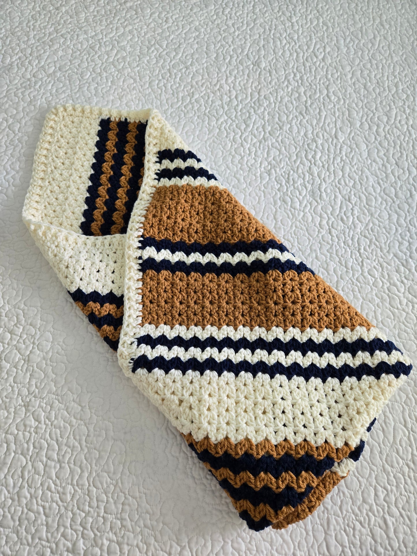 Handmade Heirloom Navy Blue, Gold & Cream Crochet Baby Blanket