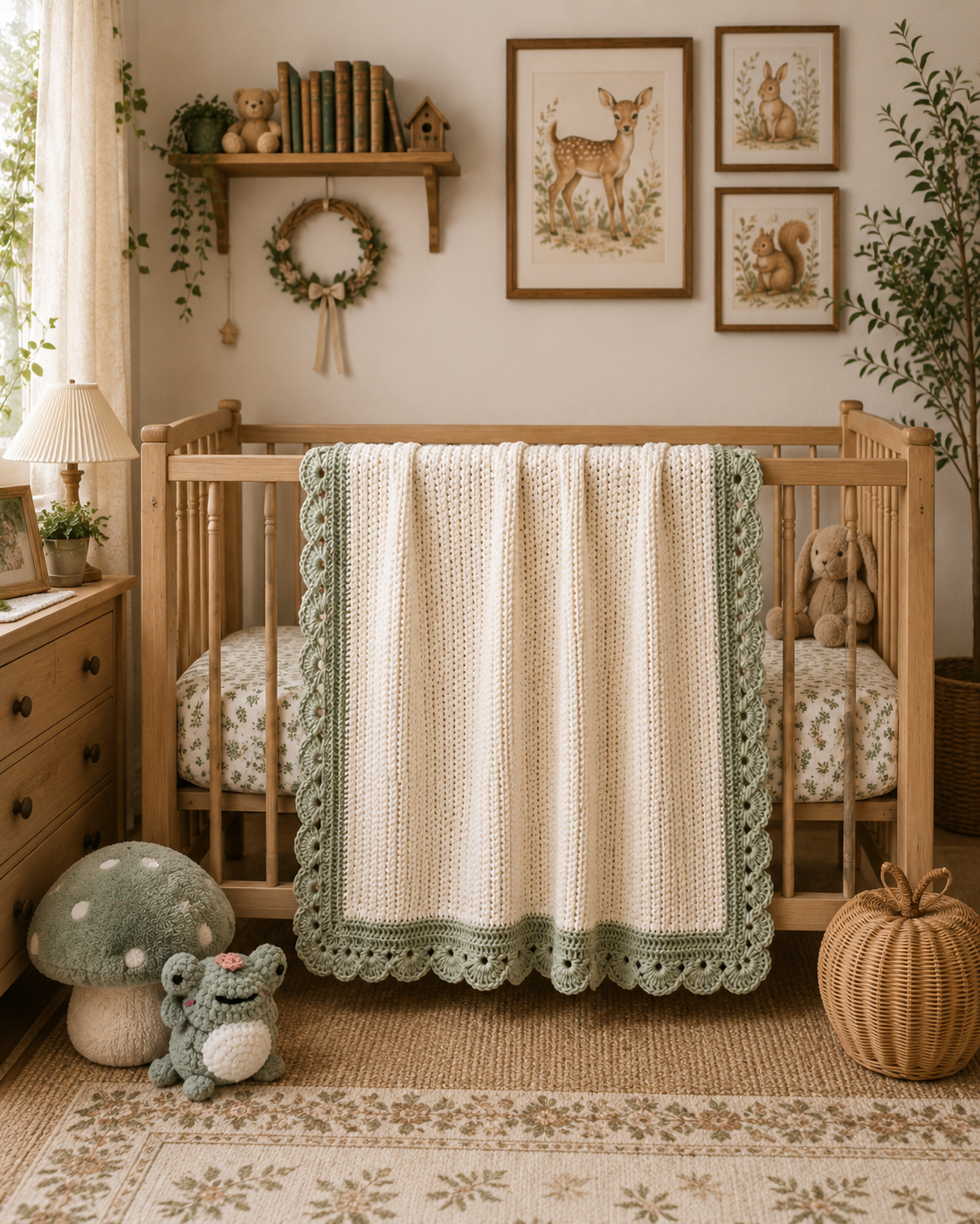 Woodland Heirloom Crochet Baby Blanket | Sage Green Nursery Keepsake