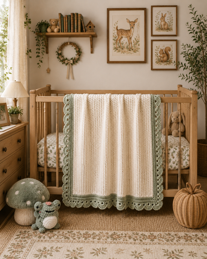 Woodland Heirloom Crochet Baby Blanket | Sage Green Nursery Keepsake