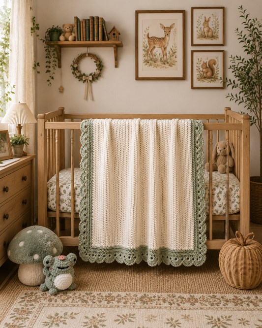 Woodland Heirloom Crochet Baby Blanket | Sage Green Nursery Keepsake