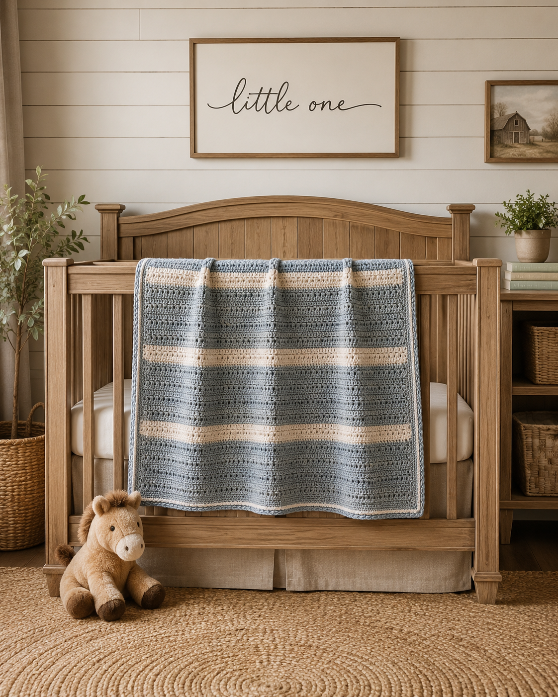 Handmade Heirloom Baby Blanket | Blue Tweed & Cream Nursery Throw