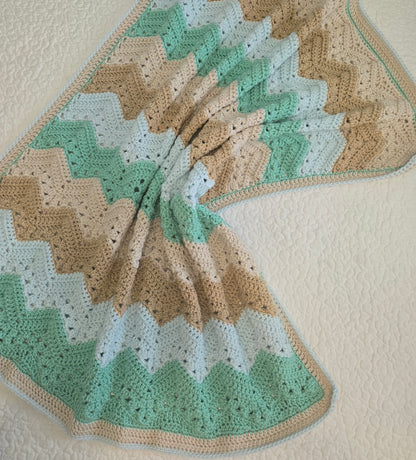 Handmade Crochet Blanket – Green, Blue & Tan Stripes