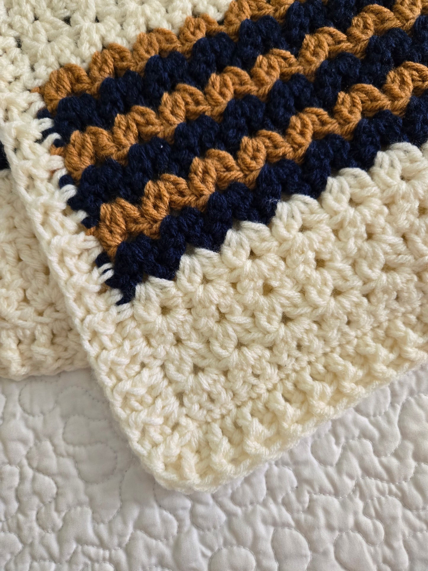 Handmade Heirloom Navy Blue, Gold & Cream Crochet Baby Blanket