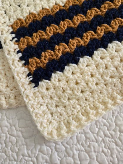 Handmade Heirloom Navy Blue, Gold & Cream Crochet Baby Blanket