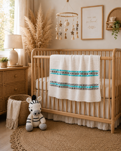 Handmade White Baby Blanket with Turquoise and Grey Accents