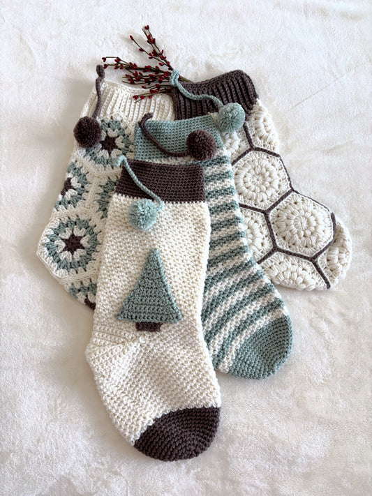 Woodland Calm Crochet Christmas Stockings - Rustic Holiday Decor in Light Green, Cream & Bark