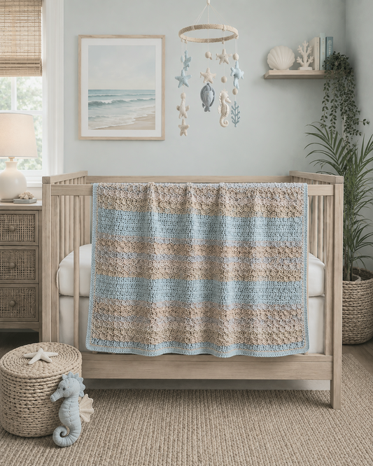 Coastal Calm Heirloom Crochet Baby Blanket | Aqua & Variegated Sand Nursery Snuggler