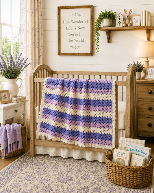 Handemade Crochet Baby Blanket in Lavender & White – Heirloom Quality