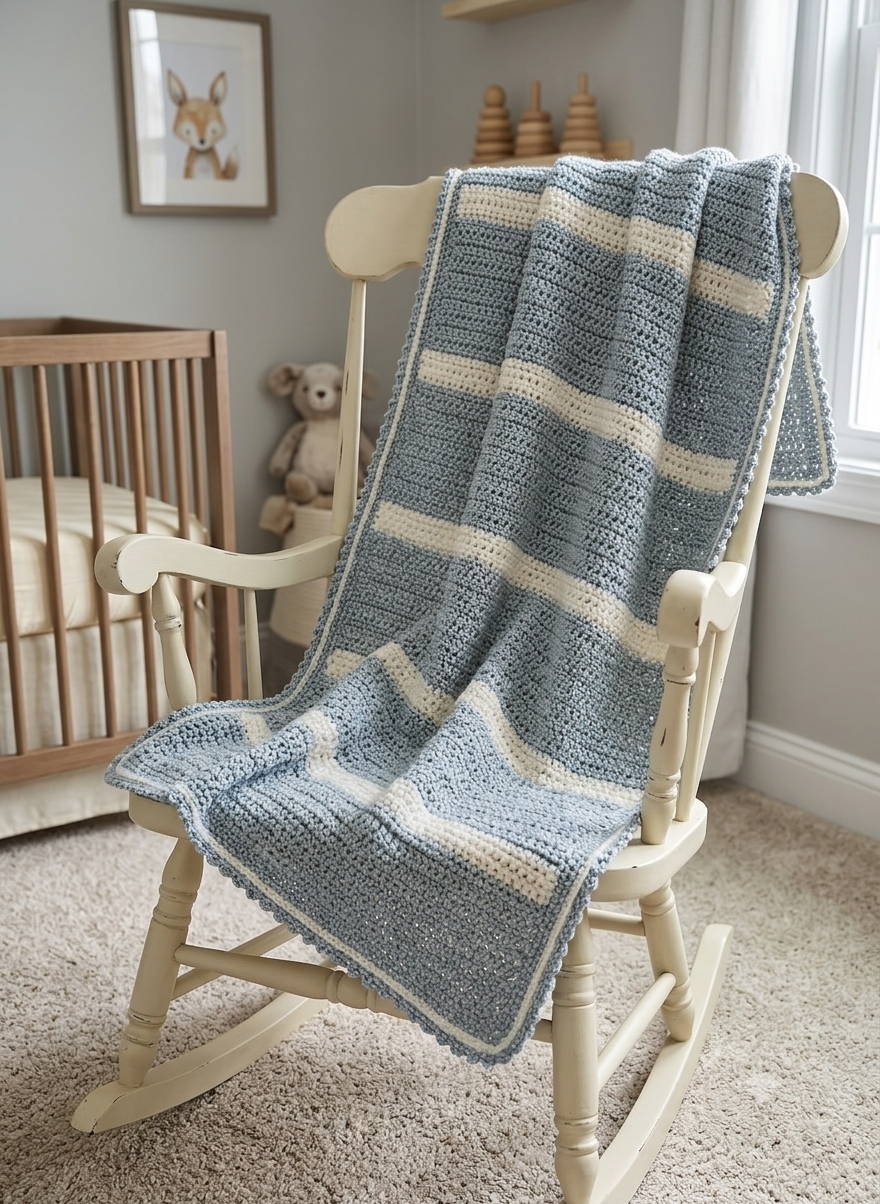 Handmade Heirloom Baby Blanket | Blue Tweed & Cream Nursery Throw