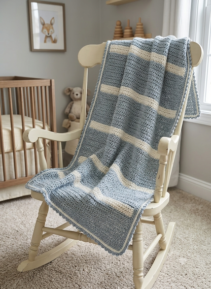Handmade Heirloom Baby Blanket | Blue Tweed & Cream Nursery Throw