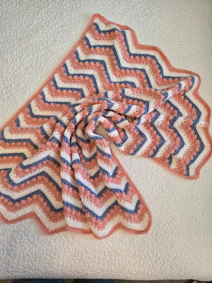 Handcrafted Pink, Blue & White Striped Heirloom Baby Blanket