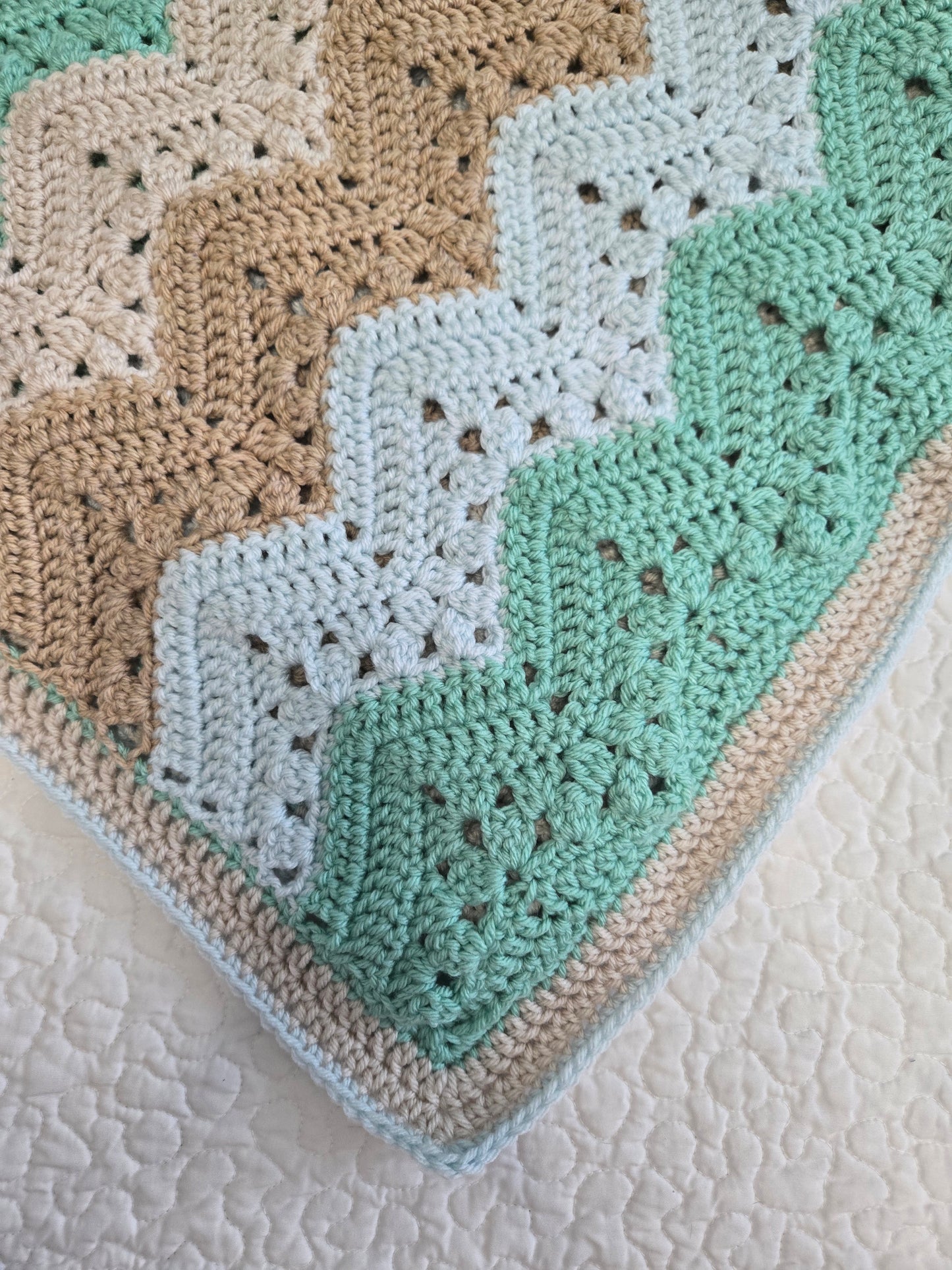 Handmade Crochet Blanket – Green, Blue & Tan Stripes