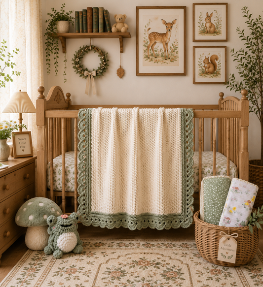 Woodland Heirloom Nursery Set | Crochet Blanket, Receiving Blankets & Frog Plush