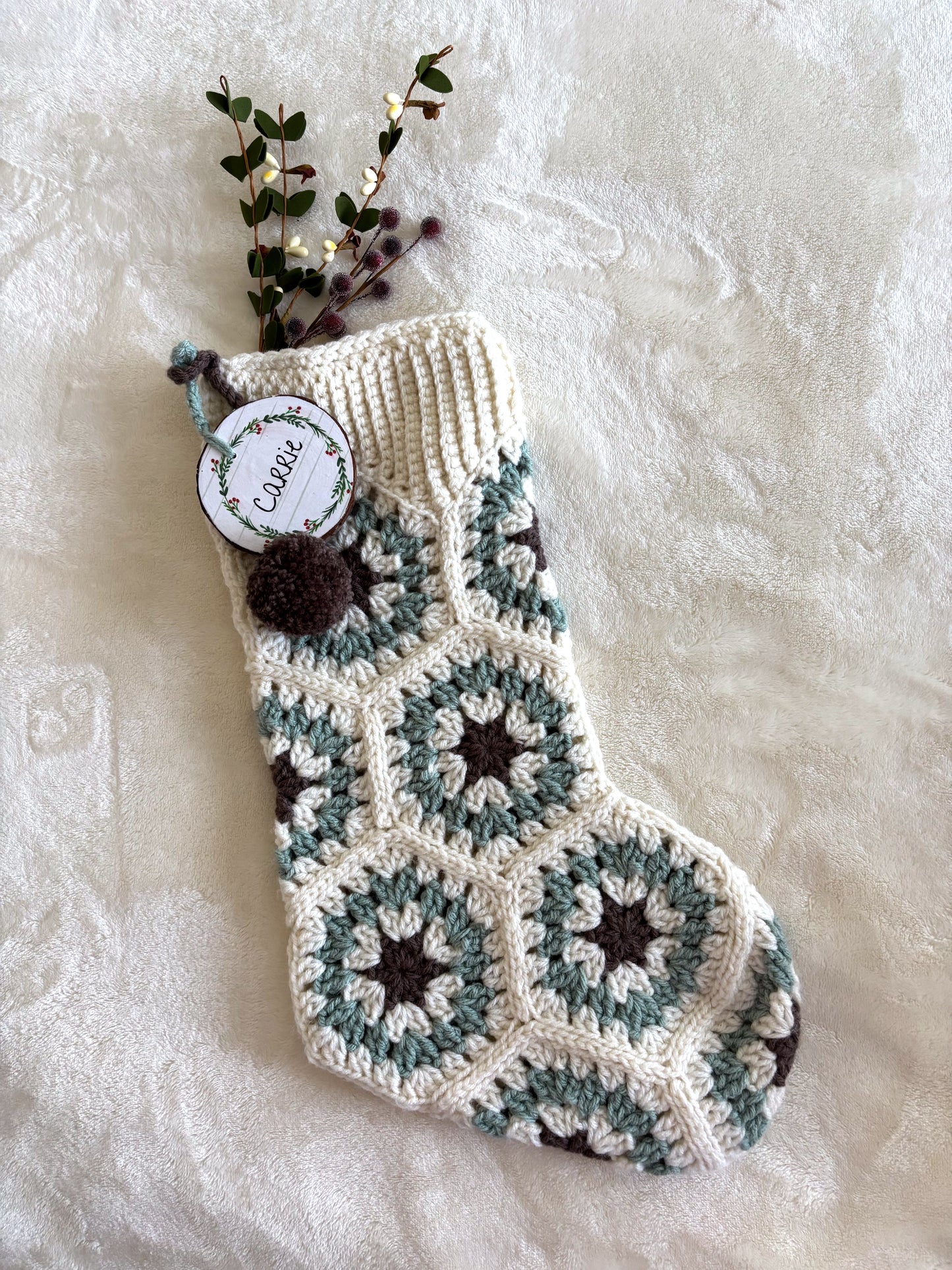 Woodland Calm Crochet Christmas Stockings - Rustic Holiday Decor in Light Green, Cream & Bark