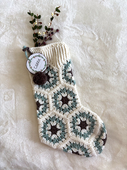 Woodland Calm Crochet Christmas Stockings - Rustic Holiday Decor in Light Green, Cream & Bark