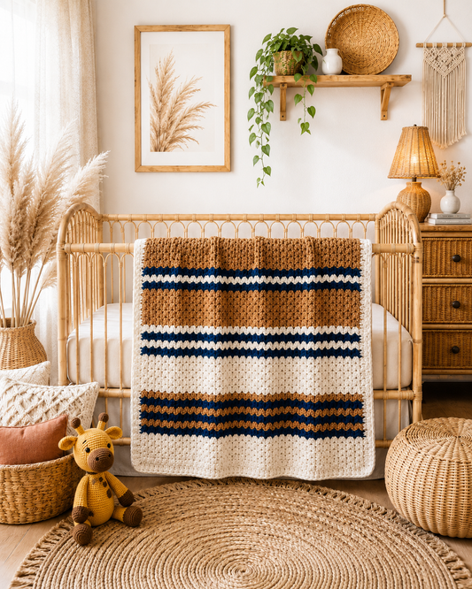Handmade Heirloom Navy Blue, Gold & Cream Crochet Baby Blanket