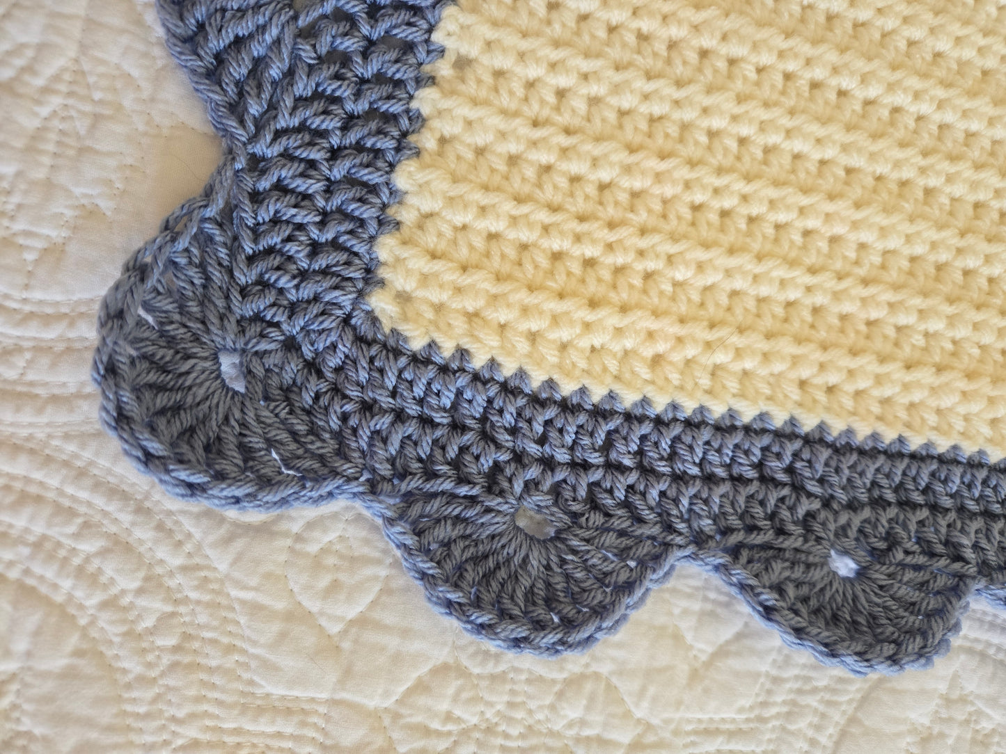 Heirloom Crochet Baby Blanket | Classic Ivory & Dusty Blue Scallop Nursery Blanket