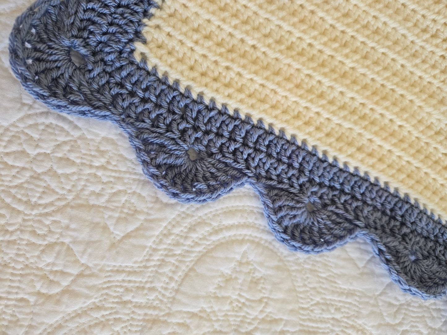 Heirloom Crochet Baby Blanket | Classic Ivory & Dusty Blue Scallop Nursery Blanket
