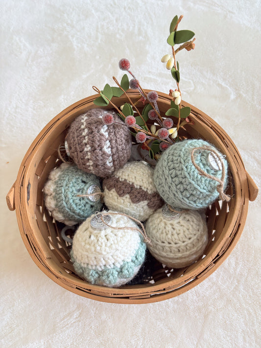 Woodland Calm Crochet Christmas Ornament Set – Set of 6 in Sage, Bark, and Cream