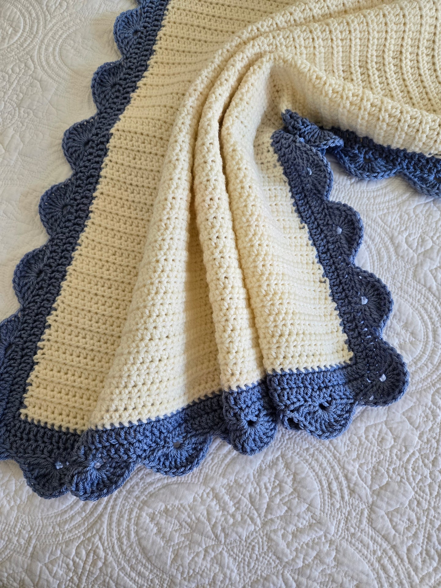 Heirloom Crochet Baby Blanket | Classic Ivory & Dusty Blue Scallop Nursery Blanket