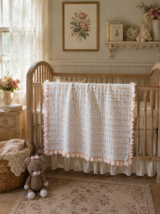 English Cottage Heirloom Baby Blanket Set with Crochet Cat Plush & Receiving Blankets